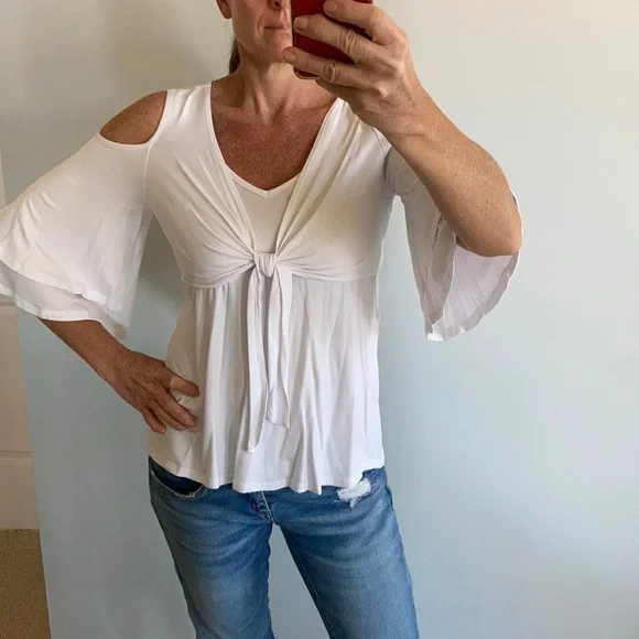 White Cold Shoulder Tie Front Top - Picture 6 of 14